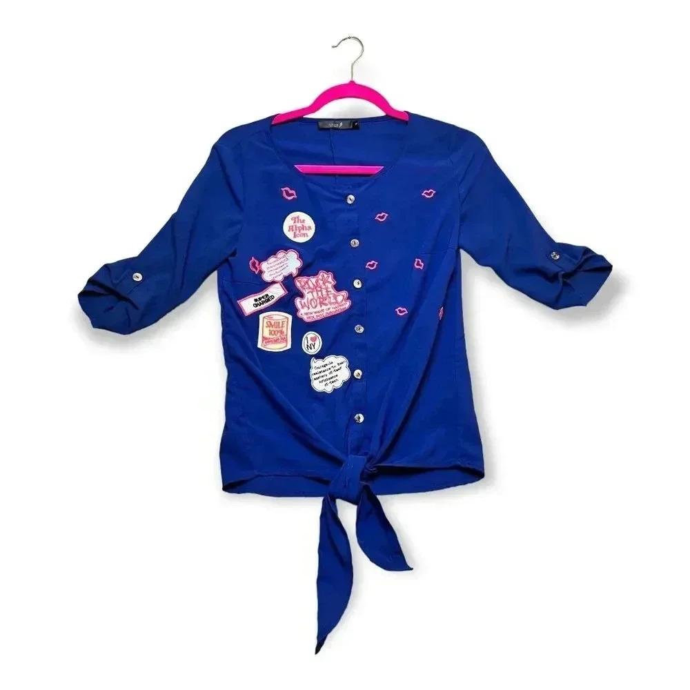 Lady Angel Womens Blue Embroidered Patch Button‎ Up Blouse Sz S Lips Valentines